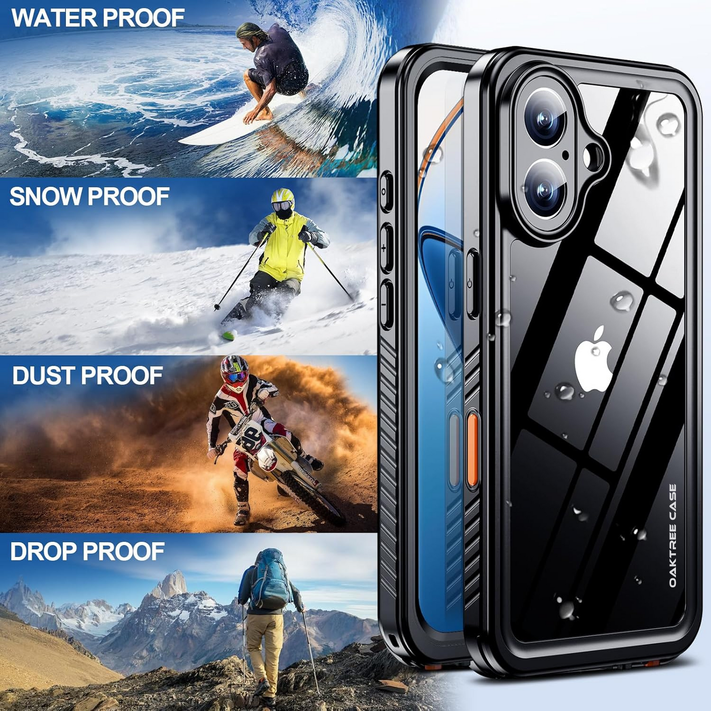 OAKTREE iPhone 16 6.1" Shockproof Waterproof Full-Body Rugged Case - Black/Clear