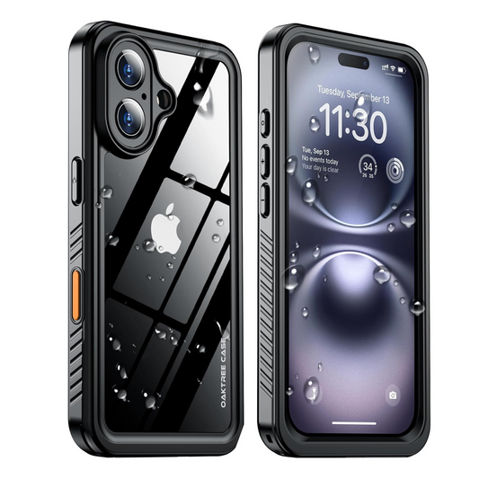 OAKTREE iPhone 16 6.1" Shockproof Waterproof Full-Body Rugged Case - Black/Clear