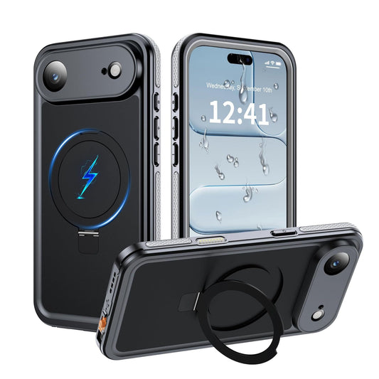 OAKTREE Waterproof MagSafe Case for iPhone 17 Air — 360° Full Protection with Kickstand Ring -Black