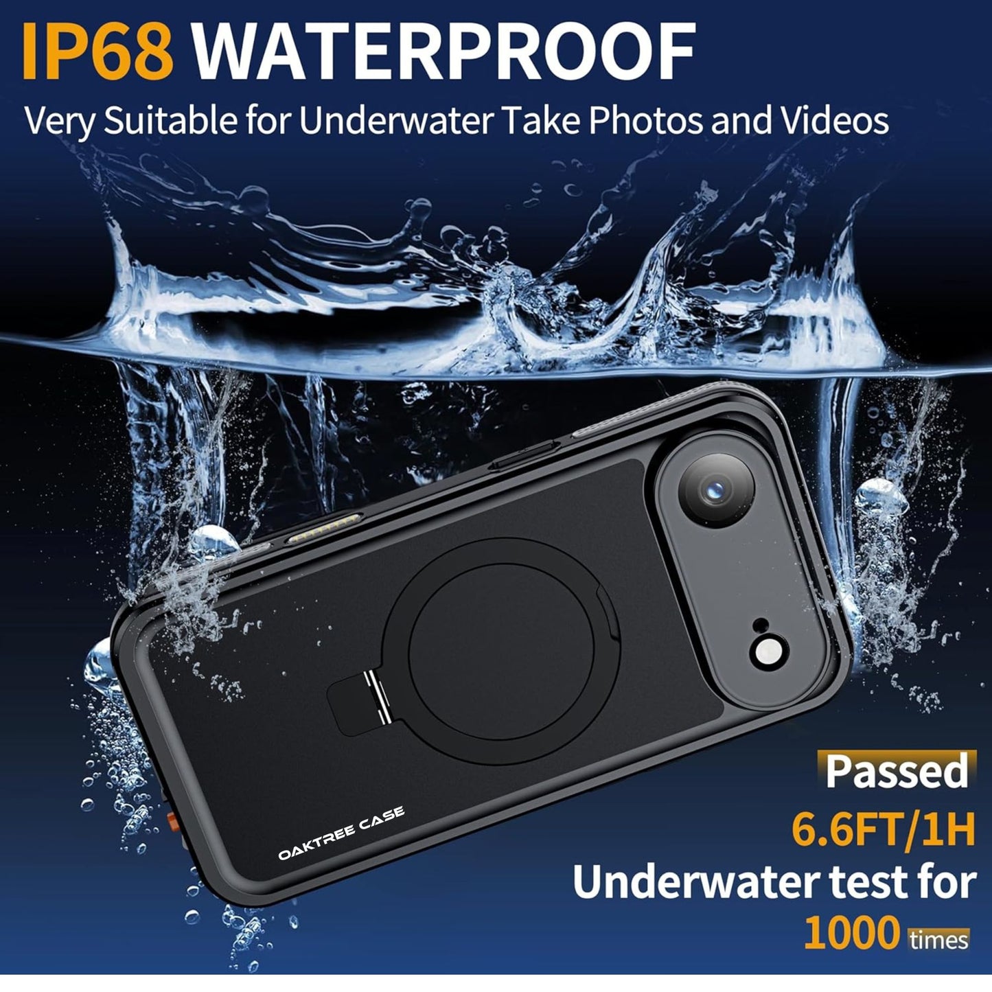 OAKTREE Waterproof MagSafe Case for iPhone 17 Air — 360° Full Protection with Kickstand Ring -Black