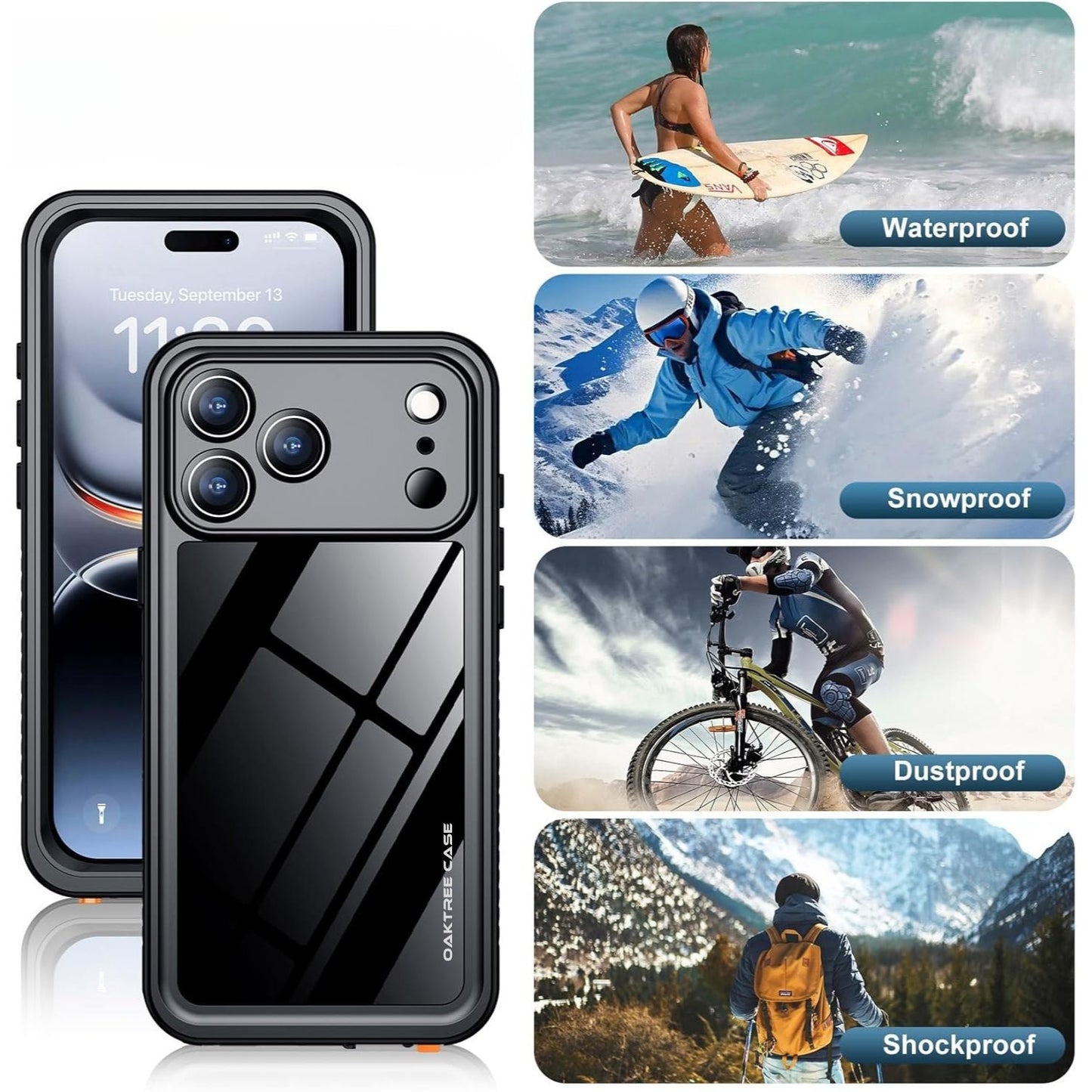 OAKTREE iPhone 17 Pro Max 6.9" Shockproof Waterproof Full-Body Rugged Case - Black / Clear