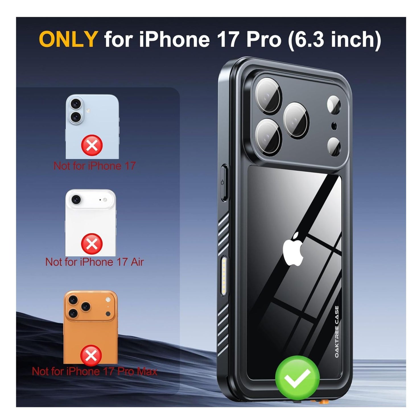 OAKTREE iPhone 17 Pro Max 6.9" Shockproof Waterproof Full-Body Rugged Case - Black / Clear
