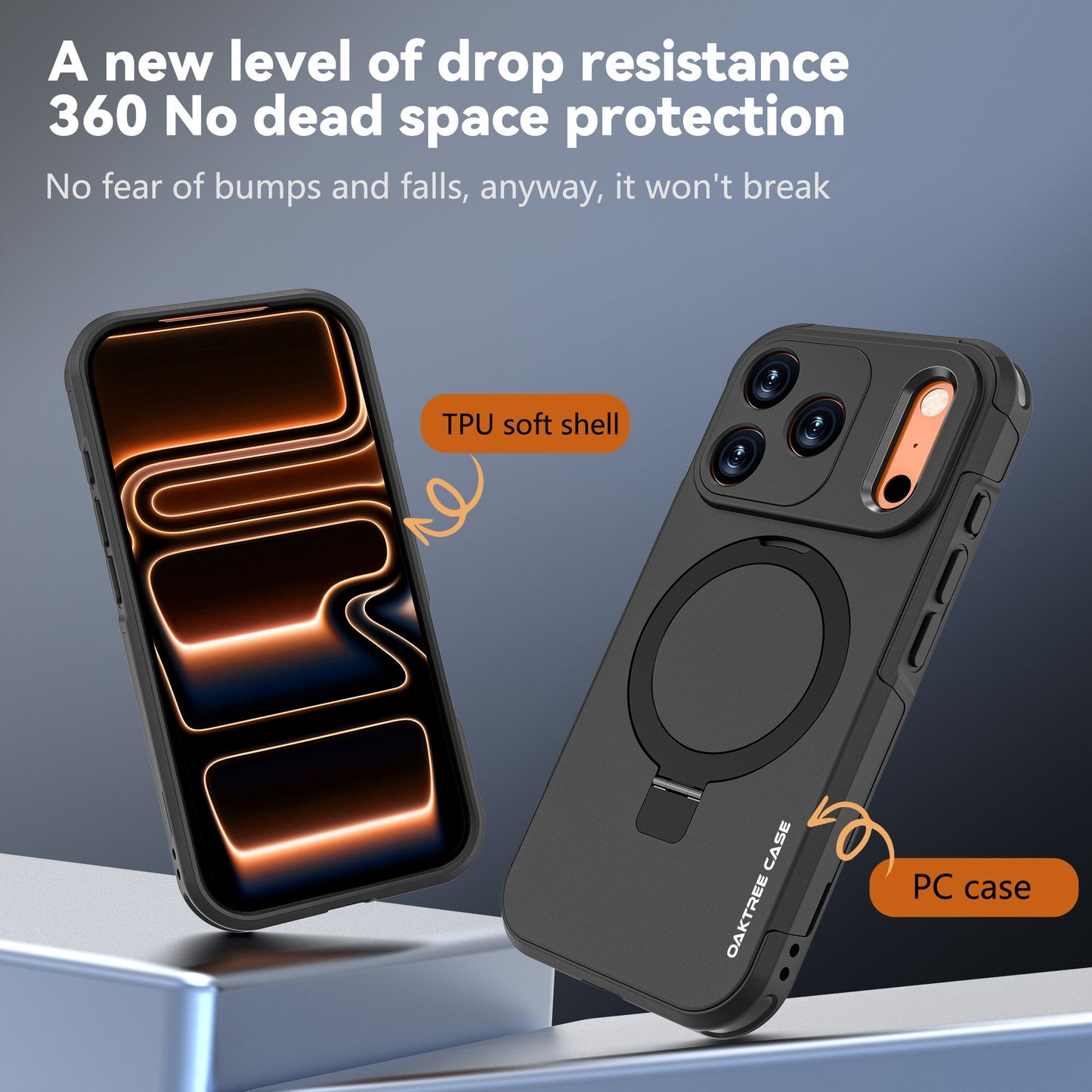 OAKTREE iPhone 17 Pro MagSafe Kickstand Ring Case Shockproof Drop-Proof Rugged Case - Black