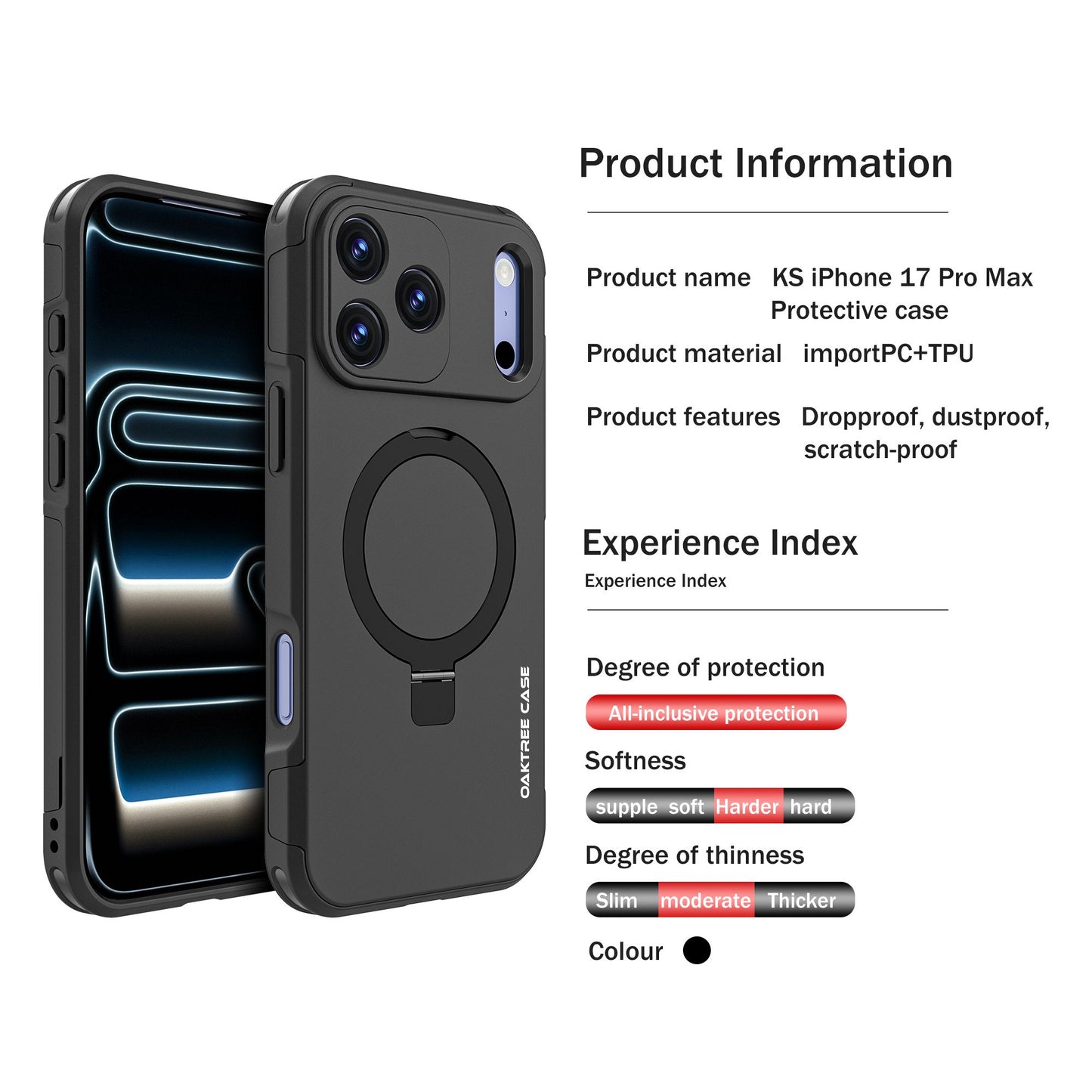 OAKTREE iPhone 17 Pro Max MagSafe Kickstand Ring Case Shockproof Drop-Proof Rugged Case - Black