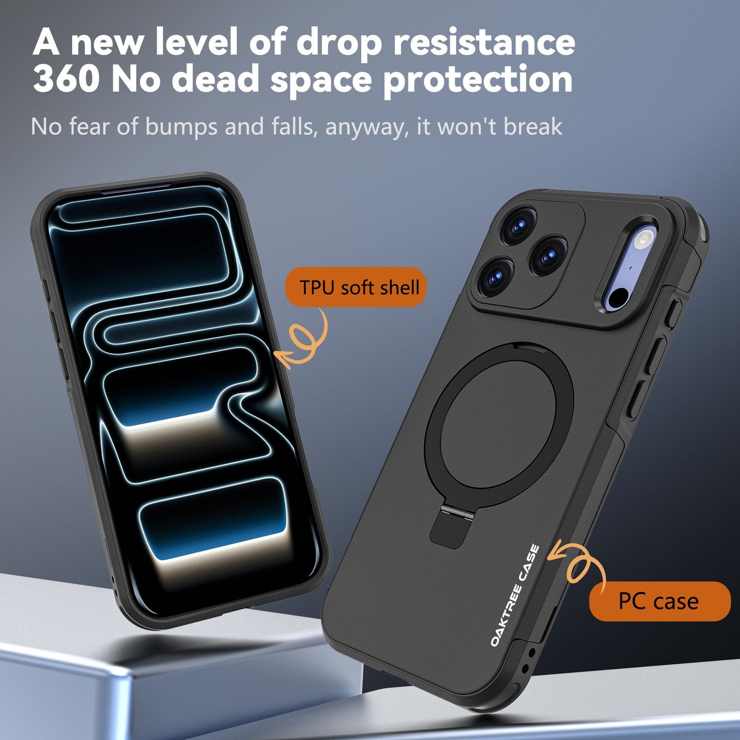 OAKTREE iPhone 17 Pro Max MagSafe Kickstand Ring Case Shockproof Drop-Proof Rugged Case - Black