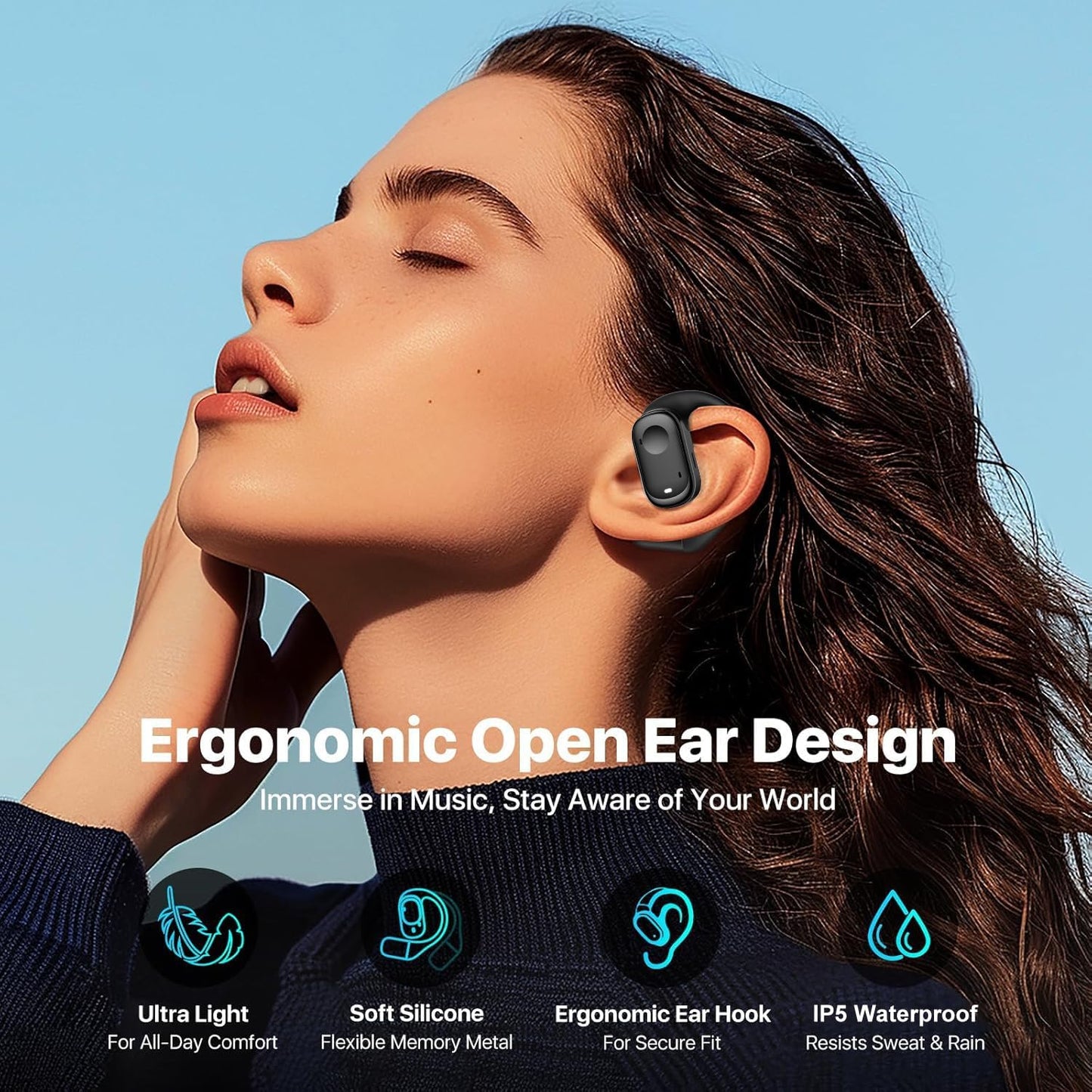 Over-Ear Headphone Earbuds with Ear hooks –  40H Playtime, HiFi Sound, Waterproof, Touch Control & LED Display