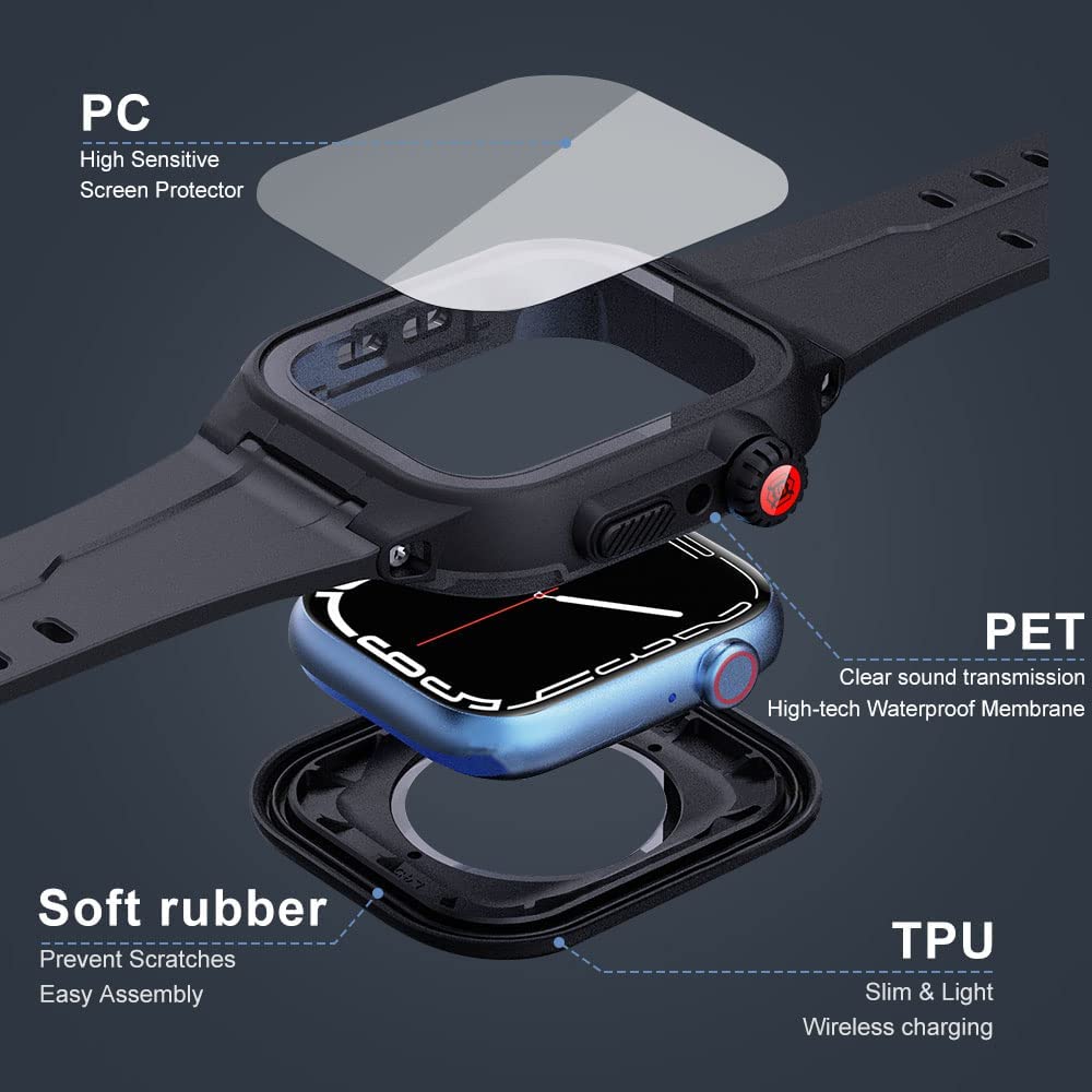 OAKTREE IP68 Waterproof Rugged Case with Premium Soft Silicone Band for Apple Watch 9 / 8 /7 Series (45mm)