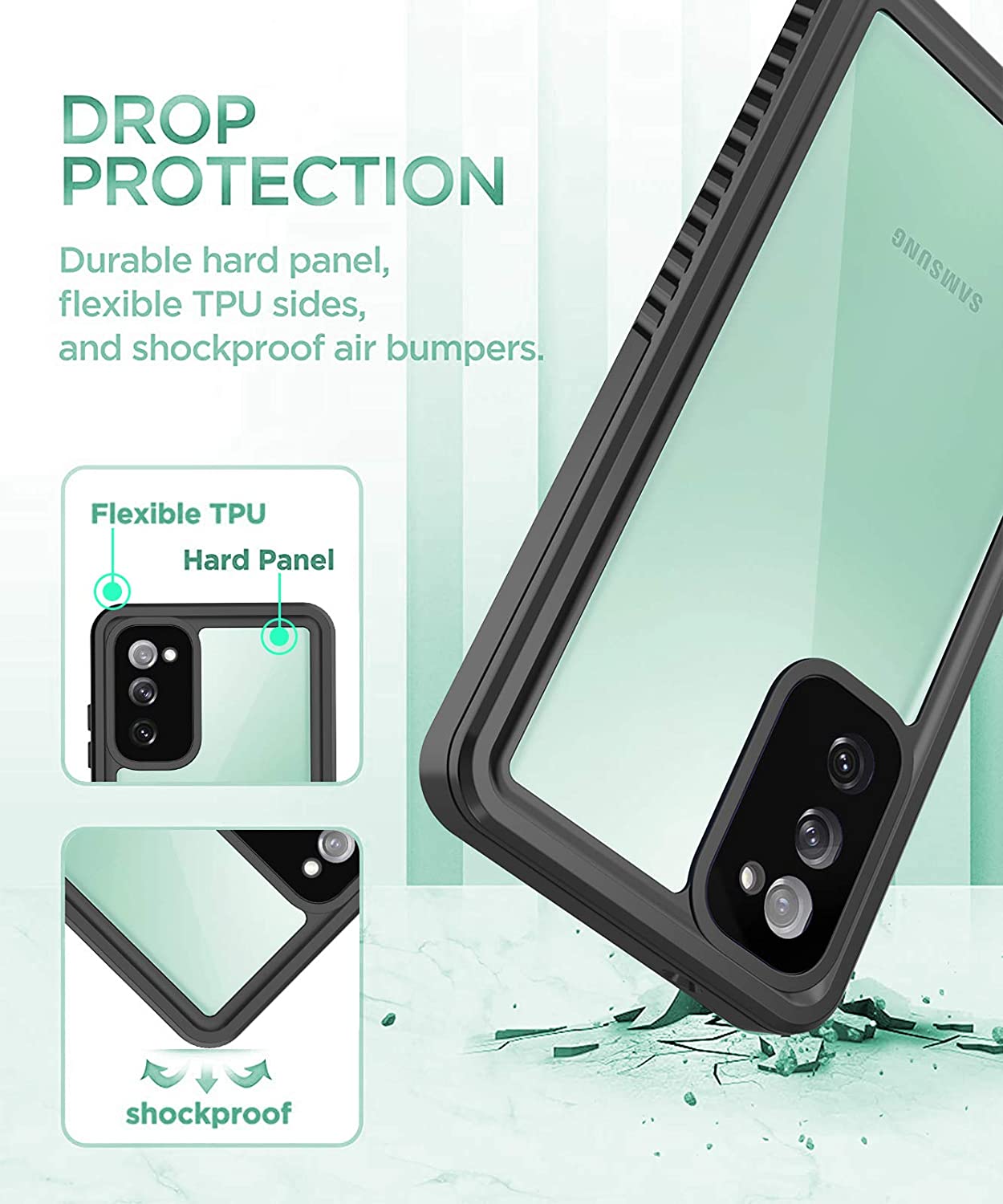 OAKTREE Samsung Galaxy S20 FE Waterproof Full-Body Rugged Case - Black / Clear