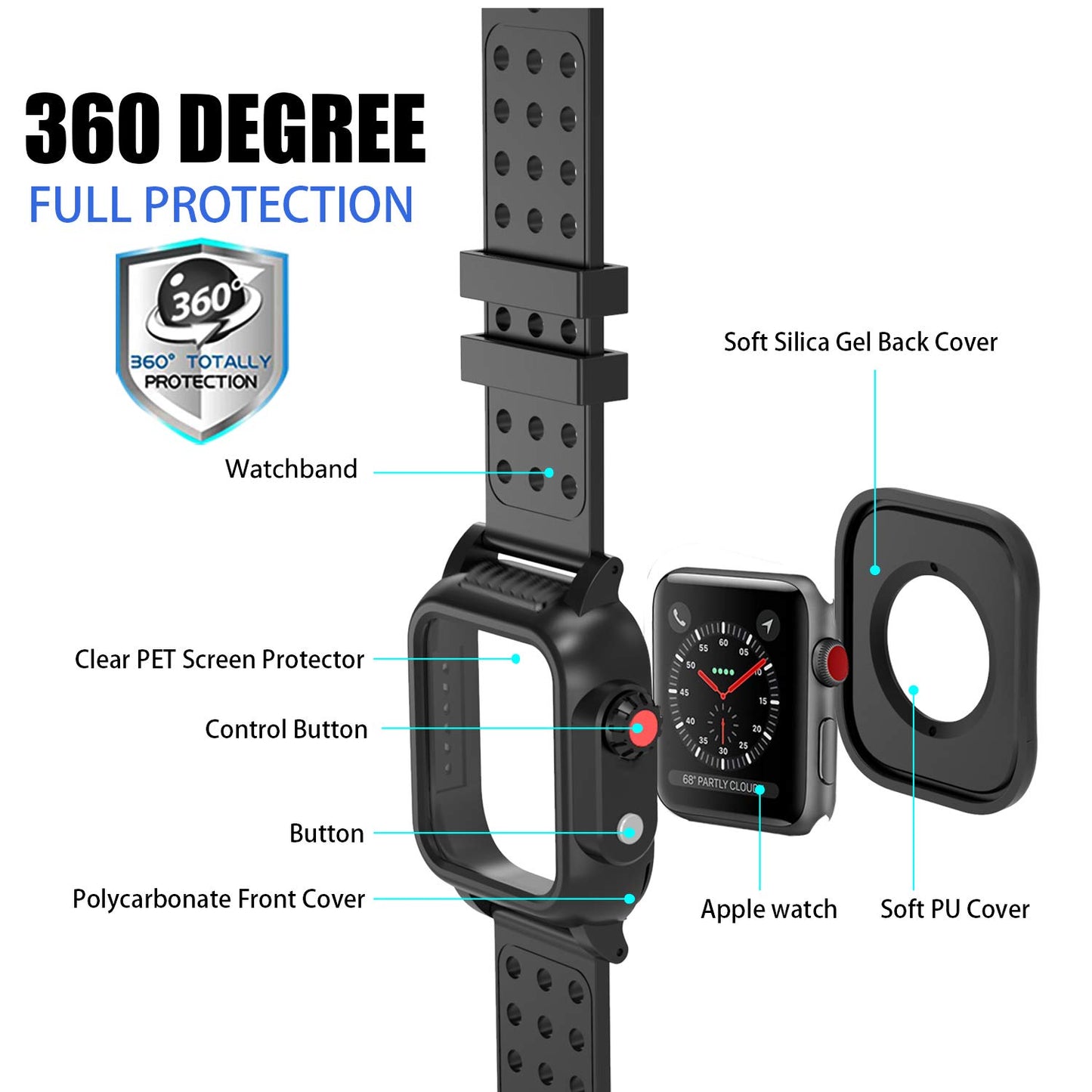 OAKTREE IP65 Waterproof Rugged Case with Premium Soft Silicone Band for Apple Watch 3 Series (42mm)