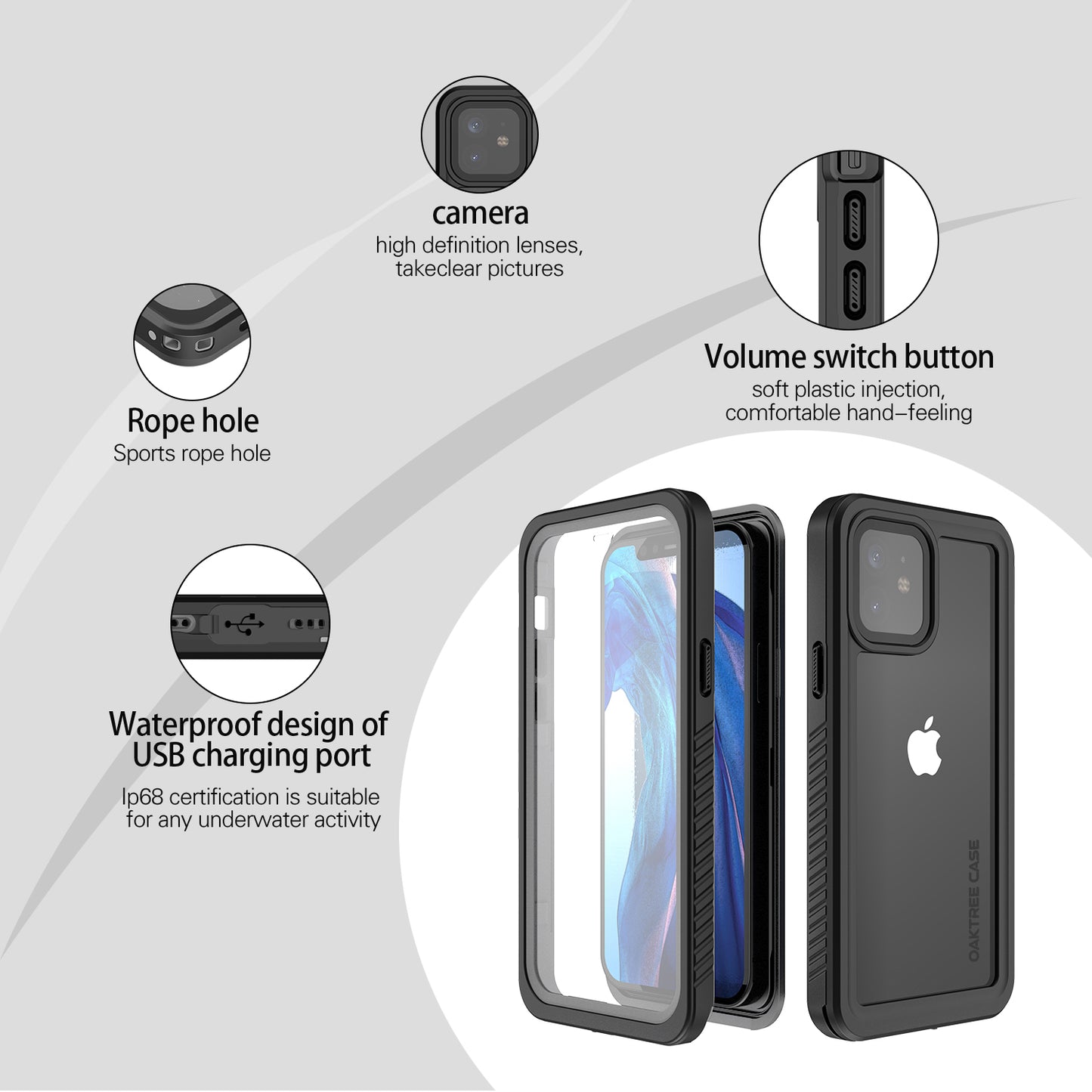 OAKTREE iPhone 12 Shockproof Waterproof Full-Body Rugged Case - Black/Clear