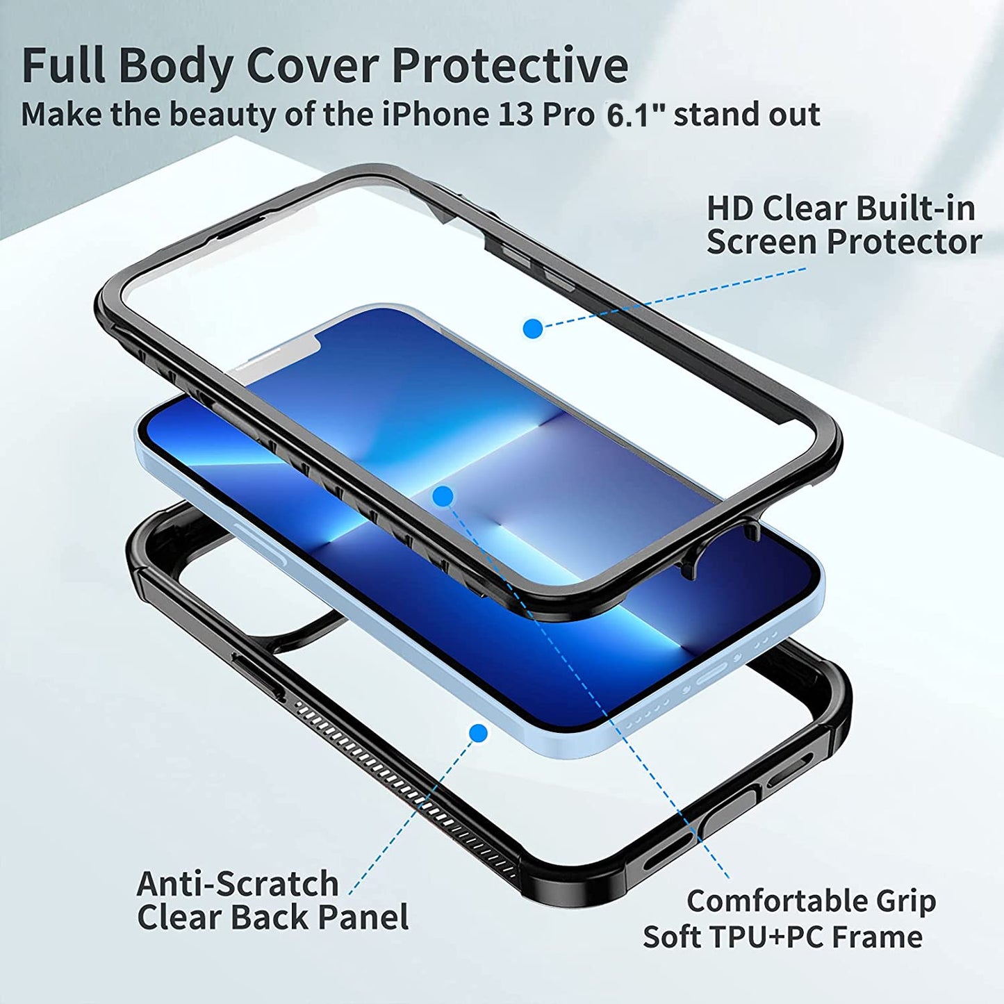 OAKTREE iPhone 13 Pro 6.1" Full-Body Rugged Clear Case with Built-in Screen Protector