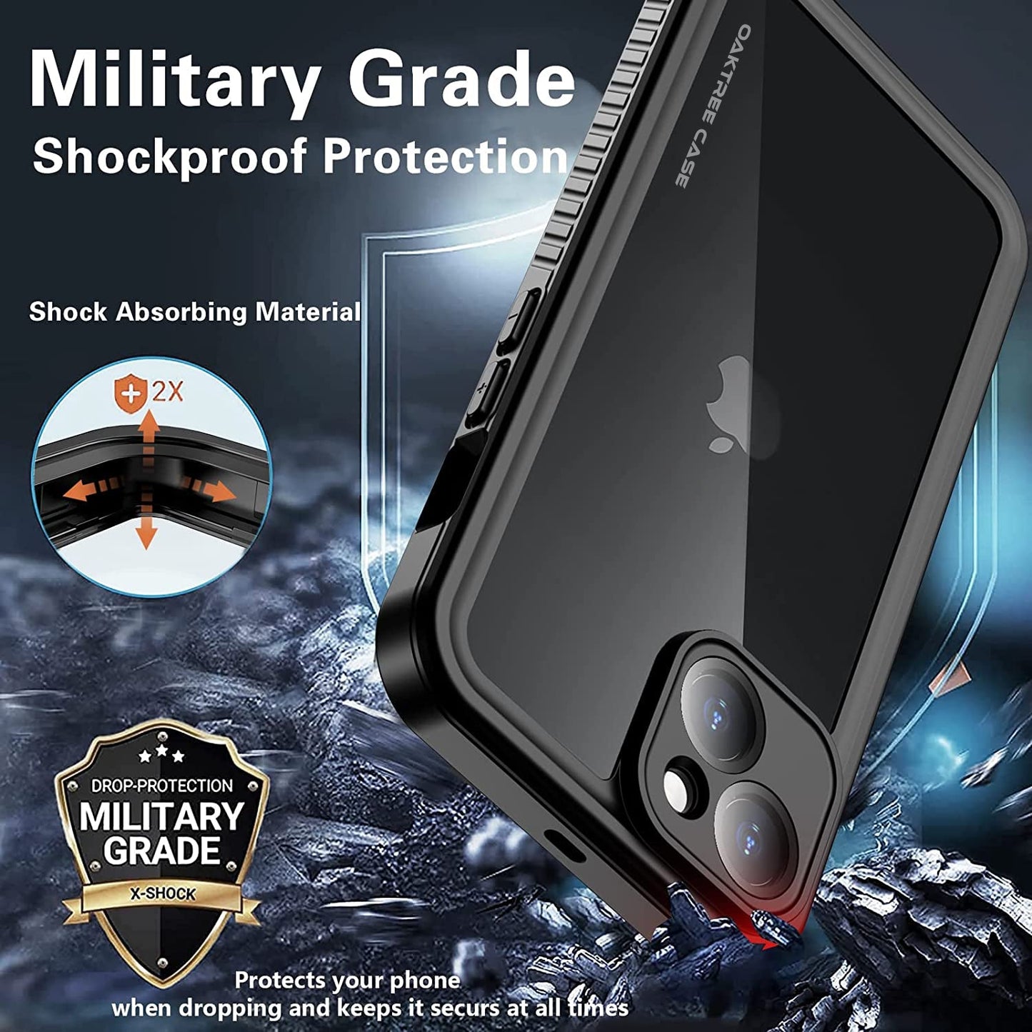 OAKTREE iPhone 14 Plus 6.7" Shockproof Waterproof Full-Body Rugged Case - Black/Clear