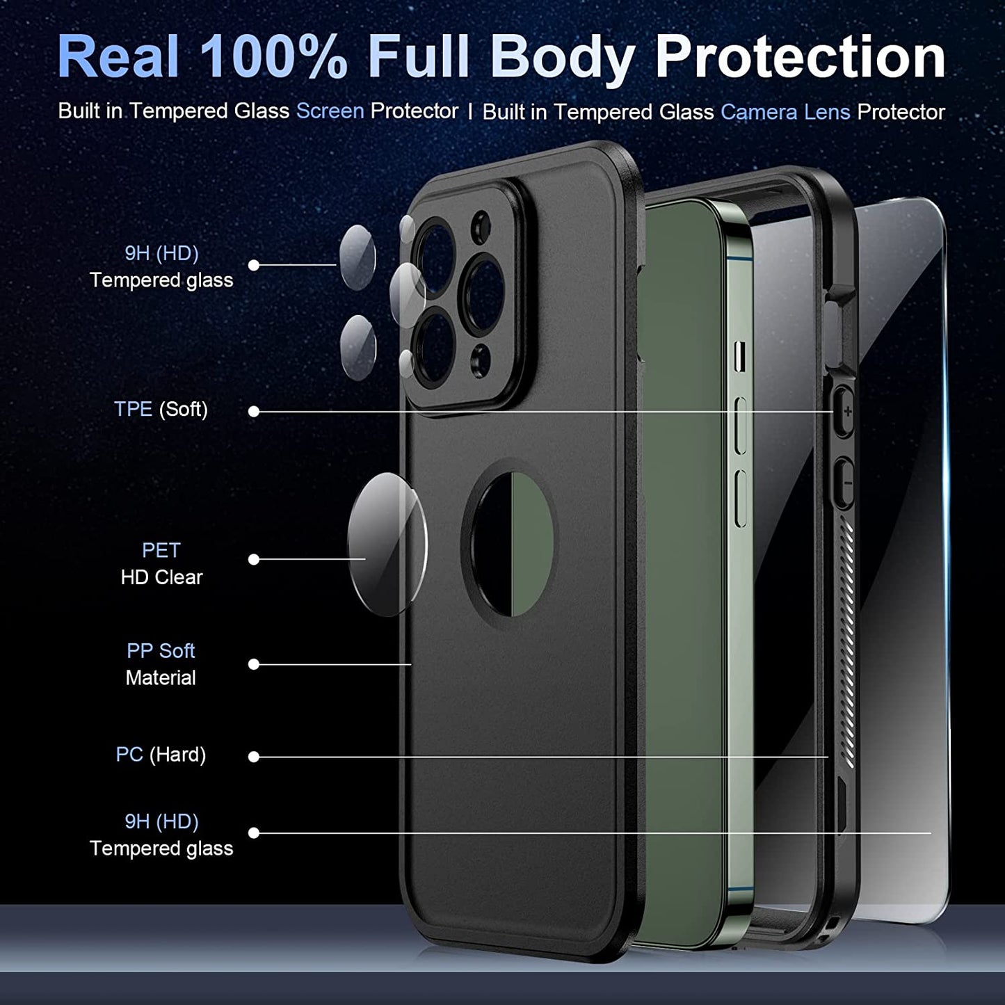 Oaktree iPhone 13 Pro Max Shockproof Waterproof Full-Body Case with Built-in 9H Tempered Glass Screen - Black